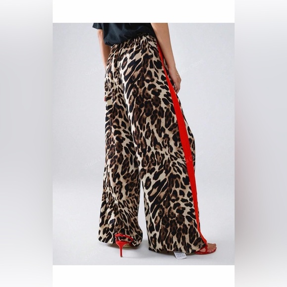 🆕Drawstring Leopard Print Color Block Side Striped Straight Leg Wide - Picture 2 of 3